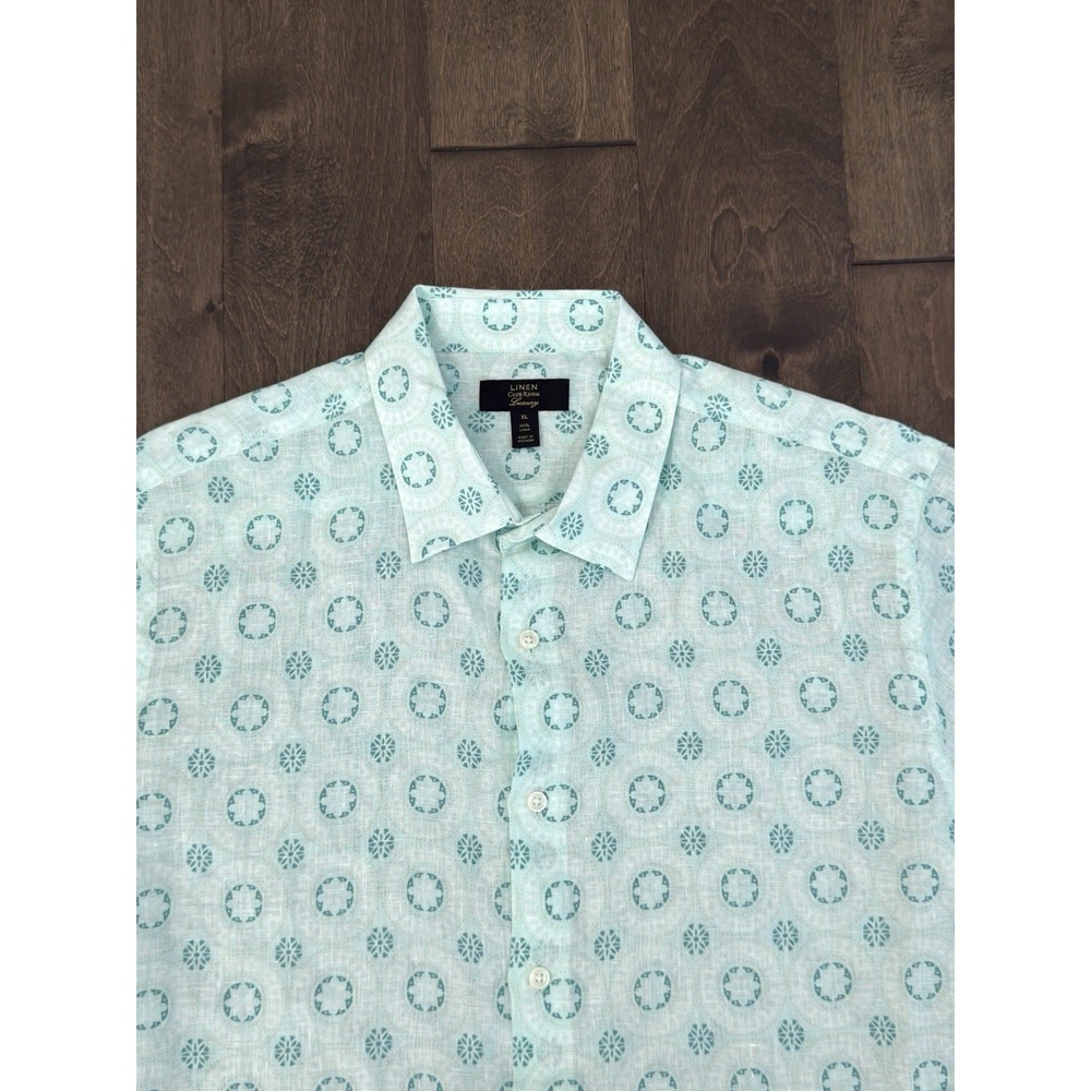 Club Room Mens Luxury Green Geometric 100% Linen Button Down Shirt Size XL S/S